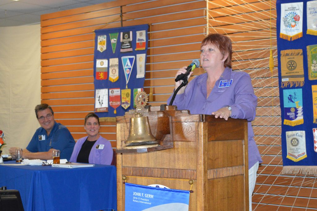 Rotary District 5300 Vision Chair Mary Ann Lutz speaks to San Marino Rotarians as her team members Gary Boyer and Kari Anderson look on. Stacy Lee Photo